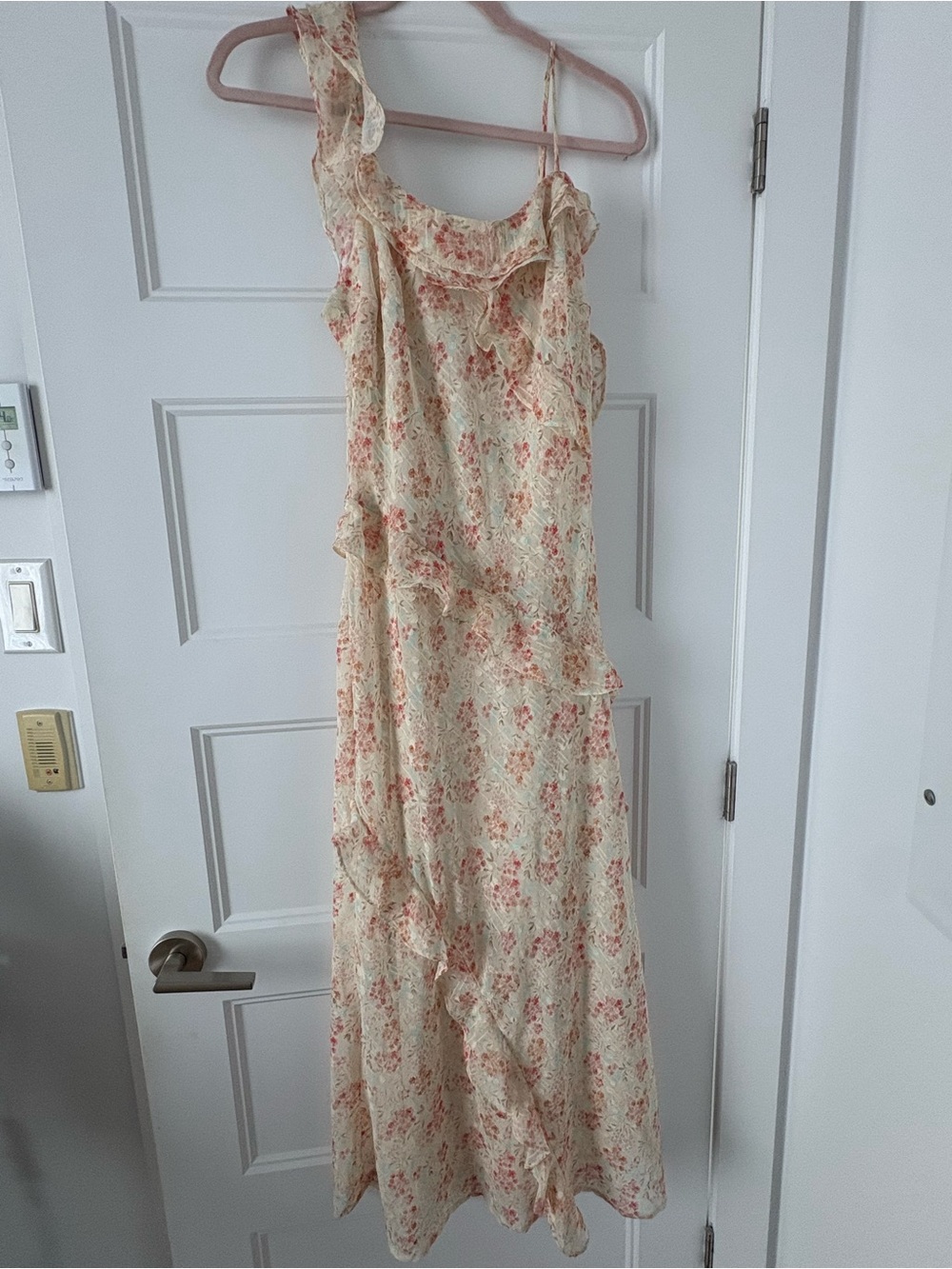 Storia One-Shoulder Floral Ruffle Maxi Dress in Cream and Pink